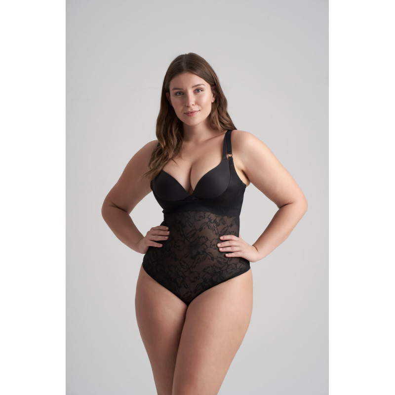 BYE BRA Lacy Open Bust Bodysuit Thong Black