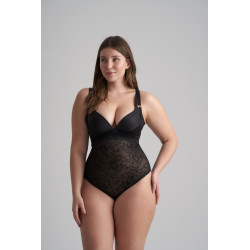 BYE BRA Lacy Open Bust Bodysuit Thong Black