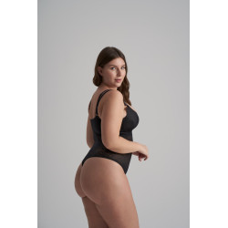BYE BRA Lacy Open Bust Bodysuit Thong Black