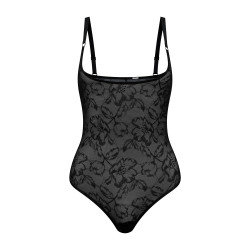 BYE BRA Lacy Open Bust Bodysuit Thong Black