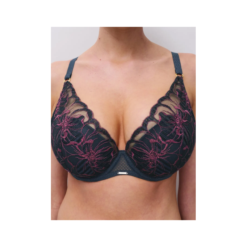 Chantelle Fleurs Plunge T-Shirt Bra C12Q20 B00 Marine Lurex